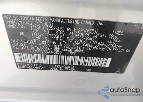 2011 Toyota Rav4 Base V6 z USA, uszkodzony, nr VIN 2T3BK4DV6BW045622